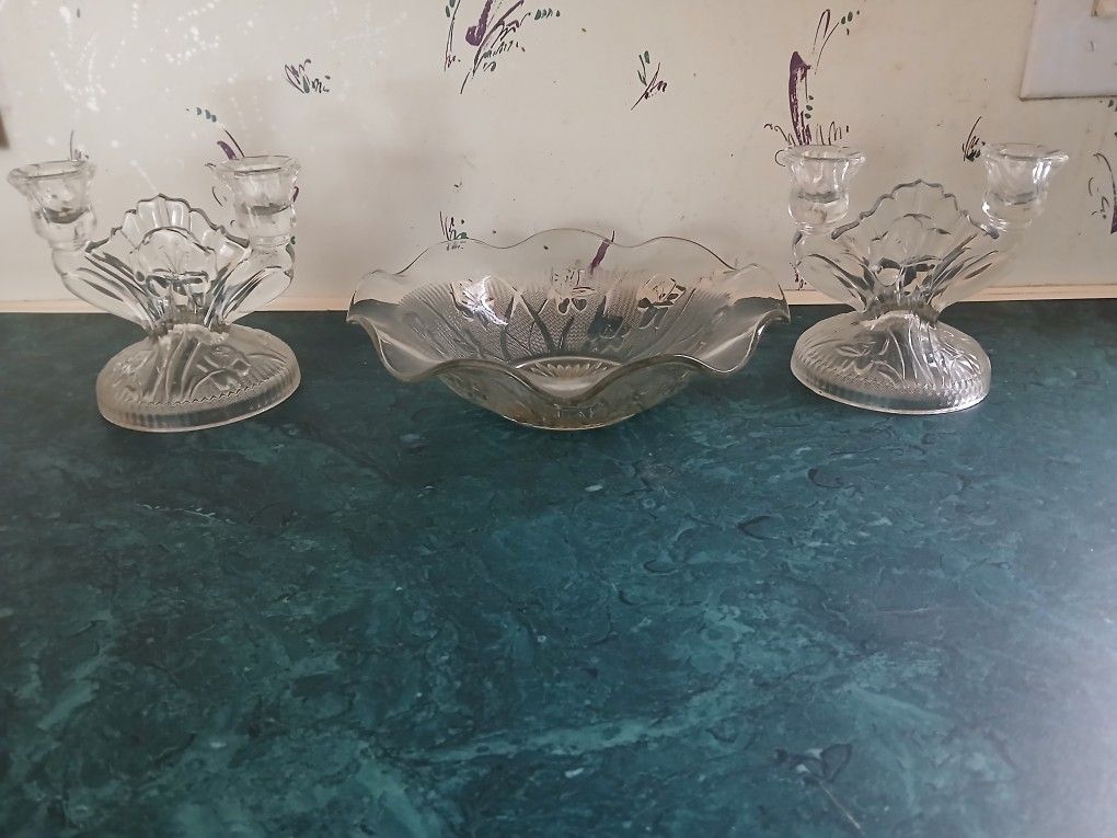 Vintage Glass Bowl & Candle Holder Set