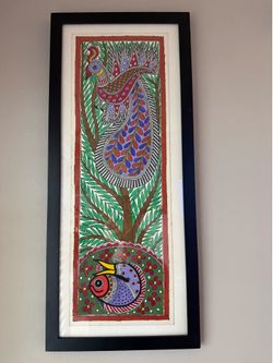 Framed And Ready To Hang Madhubani Indian Peacock Wall Art