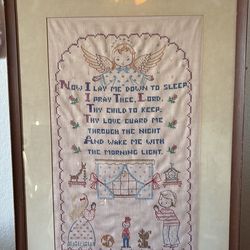 Vintage Framed “Now I Lay Me Down to Sleep” Embroidered Prayer Wall Art