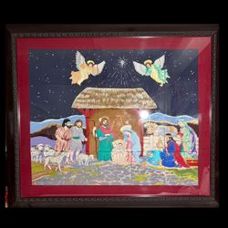 Finished Framed Anita Goodesign Nativity Tile Scene Machine Embroidered Quilt Art
