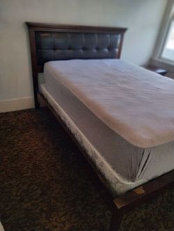 Wood Bed Frame with Tufted Leather Headboard   and 1 nightstand