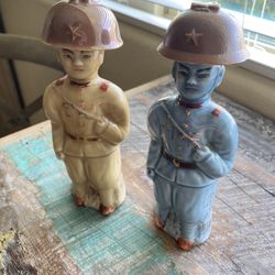 VERY RARE ANTIQUE JAPANESE MILITARY SOLDIER SHAPED MANCHUKUO ARMY SAKE BOTTLES