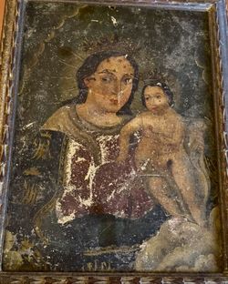Original, Antique Retablo of Our Blessed Mother holding Baby Jesu