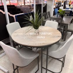 Elegant! 5-pc Round Dining Table Set With Grey Fabric Upholstered Chairs Brand New