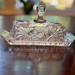 Vintage American Cut Crystal "Eleanor" Pinwheel Lidded Butter Dish & Tray