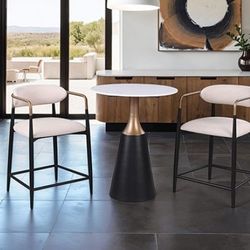 black white and gold 28" round bar table set with stone top
