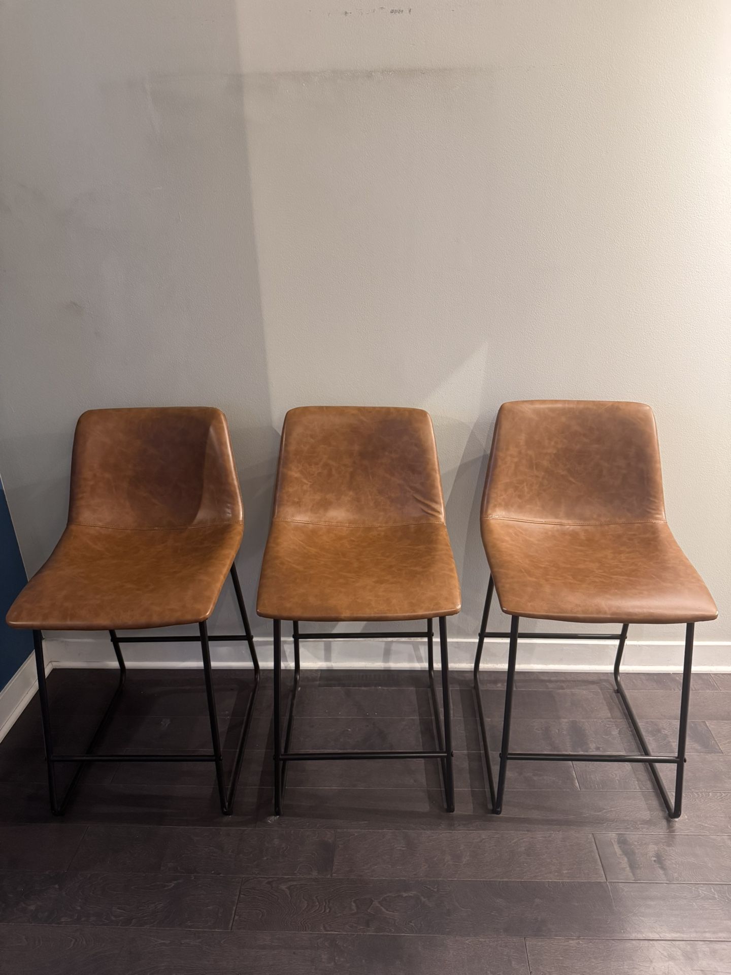 Counter Height Modern Kitchen/Dining Stools (Set of 4), 24” Tall, Brown Leather