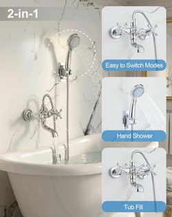 HAND WAND + TUB FILLER FAUCET w/ Brass Construction & Mirror Chrome Finish - No Drill Install / NEW