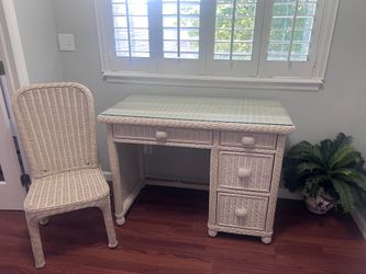 Wicker Desk with Glass Top and Chair
