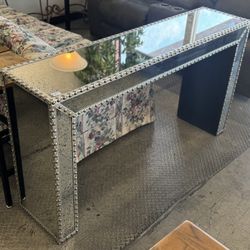 Contemporary Mirrored Console Table with Studded Trim, Vanity Table