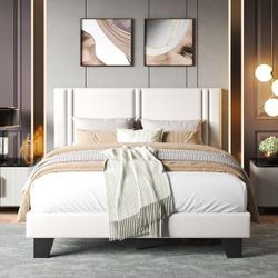 Full Bed Frame, Velvet Upholstered Platform Bed Frame, Solid Wood Slats & Heavy Duty Feet Support, No Box Spring Needed, Noise-Free, Easy Assembly, Wh