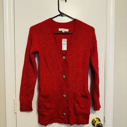 Loft Red Sweater Cardigan with Rhinestone Buttons Small