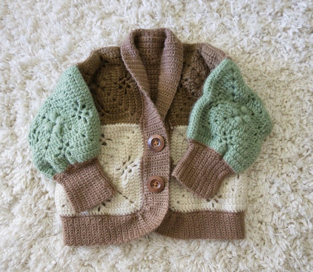 Handmade Granny Square Crocheted Infant Cardigan / Sweater with Buttons - Brown / Green / Cream - 18 to 24 months