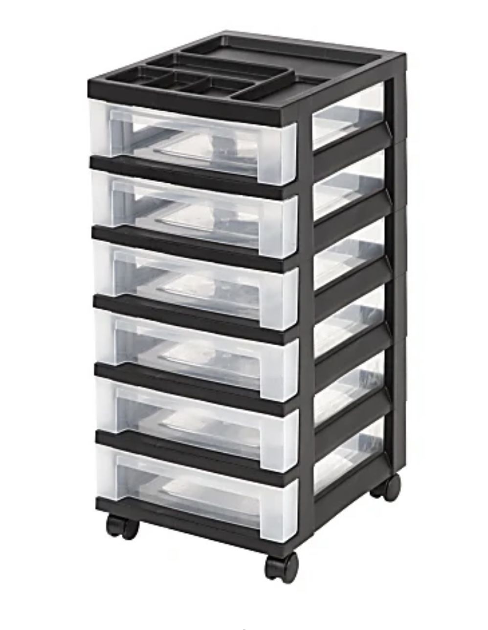 6 compartment set of Plastic Storage / Organizer drawers With Caster Wheels- Like New