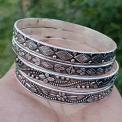 Set of 4 Solid 925 Sterling Silver Women Bangle Handmade Stackable Bangles