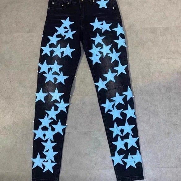 New fashion brand star patch hole black patch slim fit jeans 32