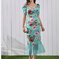 SHEIN Floral Puff Sleeve tyRuffle Hem Dress XS