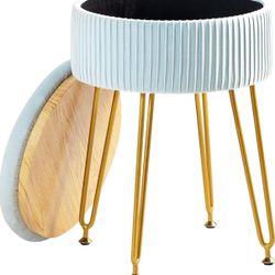Velvet Storage Ottoman Foot Rest, Upholstered Pleated Round Footrest Vanity Stool with Metal Legs, Coffee Table Top Cover, Modern Accent Stools,Makeup