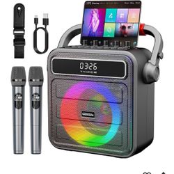 Karaoke Machine for Adults & Kids, w/ 2 Wireless Microphones & Bass/Treble Adjustable Portable Bluetooth Speaker PA System w/RGB LED Lights SYNC Melod