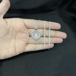 925 Sterling Silver Women Heart Virgen Virgin Mary & Mariner Chain 24”