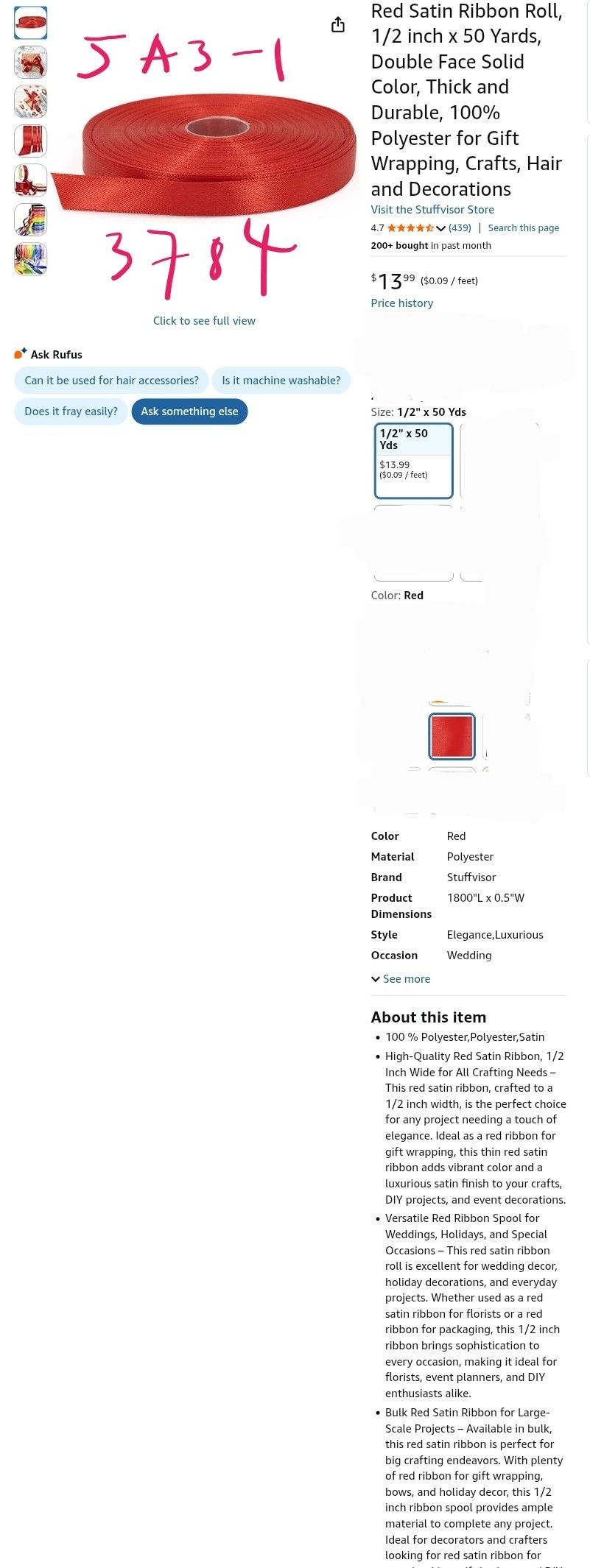 Red Satin Ribbon Roll, 1/2 inch x 50 Yards, Double Face Solid Color, Thick and Durable, 100% Polyester for Gift Wrapping, Crafts, Hair and Decorations