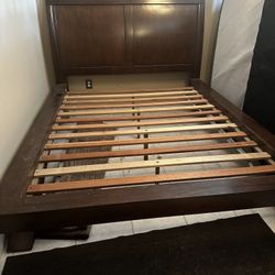Queen Platform Sleigh Bed Walnut Finish Wood 