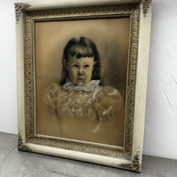 Antique White Gold Floral Wooden Gesso Frame Charcoal Child Drawing Dated 1911