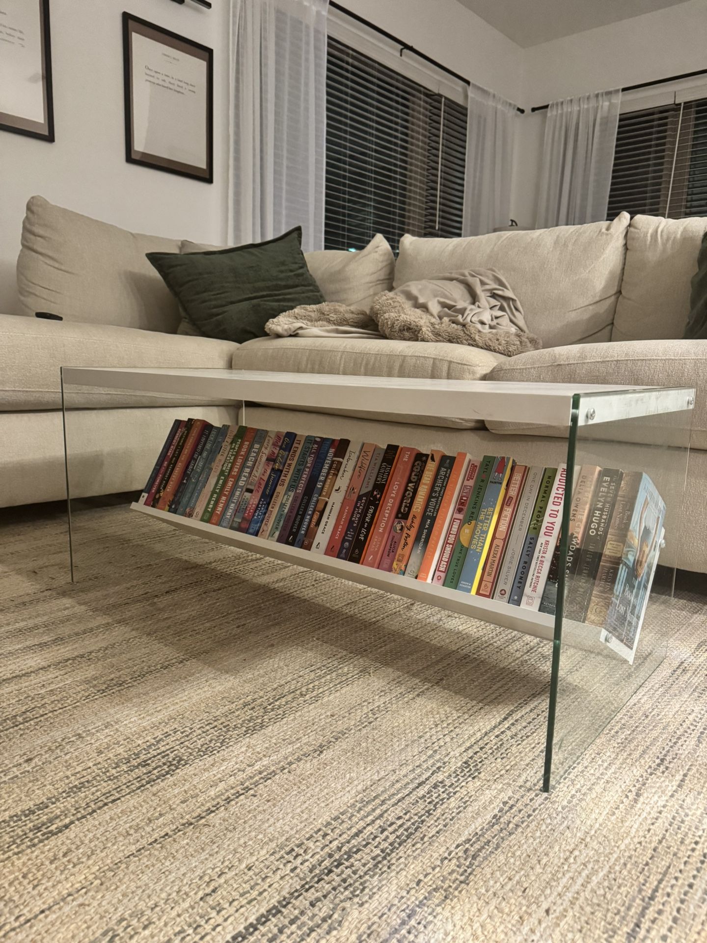 🤍 Modern Glass & White Coffee Table with Bookshelf Base – $100