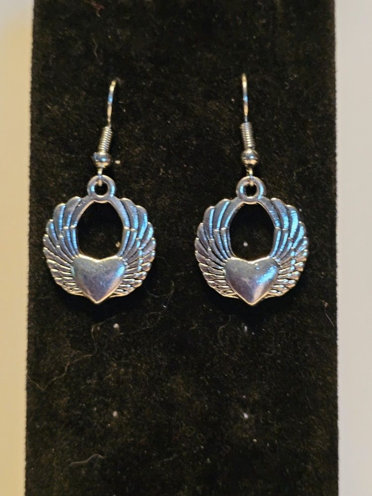 New Silver Heart Angle Wings Earrings