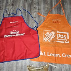 Lowes Red / white Build and Grow Kids Work Apron and Home depot work apron with safely googles