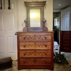 Victorian Carved Wood Dresser with Mirror – Antique Bedroom Furniture - Moving Sale