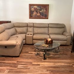 Taupe Leather Sectional Couch w/two Recliners - Please Read Details!
