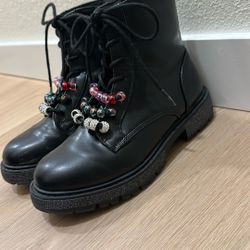  Black Lace-Up Combat Boots with Beaded Details, US Kid’s Size 2 (Youth)
