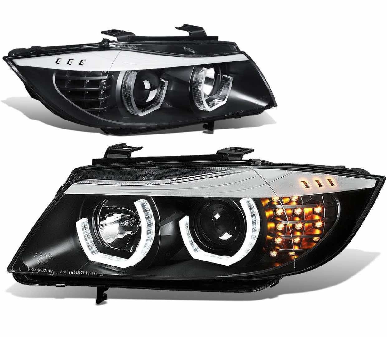 #HL-3D-E9005-BK) Black LED 3D Halo Ring Headlights High Low Beam with Amber LED Turn Signals Compatible with 06-08 BMW 323i / 05-08 325i 4-Door Sedan
