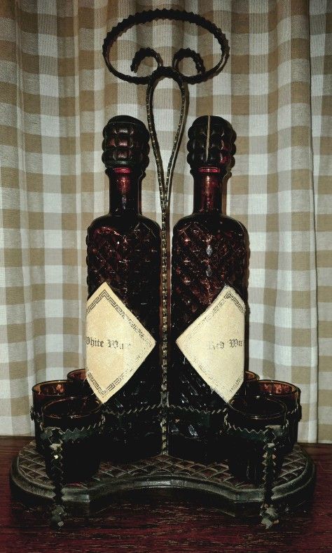 Mid Century Spanish Gothic Brutalist Glass Wrought Iron Wine Bottles Glasses Set