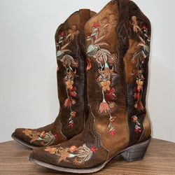 Corral, Floral Embroidered Lamb Western Boots, Snip Toe, Brown, Size 11