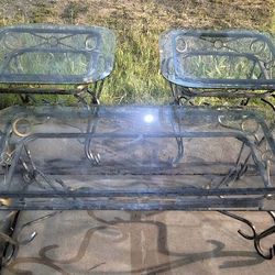 Set of 3 cast iron/beveled glass top table set