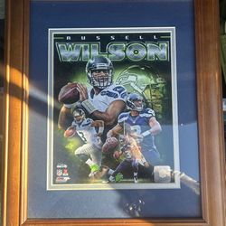Seattle Seahawks Russell Wilson Wood Framed NFL Stamped Wall Photo