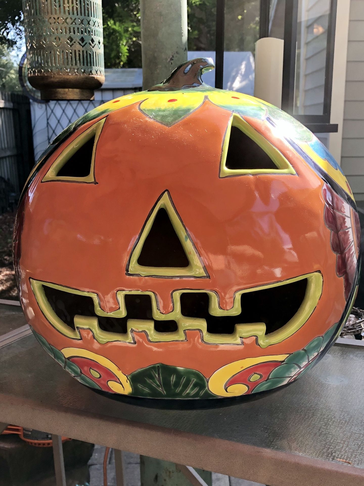 Large ceramic Halloween pumpkin candle holder