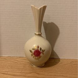 Vintage 1978 Lenox 8"-tall Bud vase  With hand painted spacerose and 24K Gold foliage, fluted neck, gold bands  A23