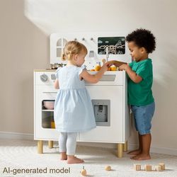 Toddler Play Kitchen w/Blackboard, Kids Wooden Pretend Playset Clicking Knobs, Sink, Water Dispenser, Storage, Cookware, Chalkboard, Modern Toy Kitche
