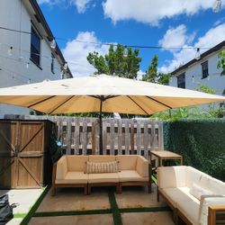 Outdoor sectional patio furniture set acaia wood teak + beige cushions.  
3 seater + 
2 seater +
Covers 