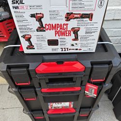 Skill Powertool Set Combo With Tradestack Tool Boxes Drills Impact Etc 