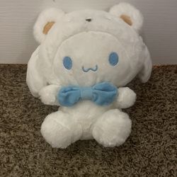 Soft Cinnamon Roll Sanrio Plushie X White Bear Hoodie With Blue Bow