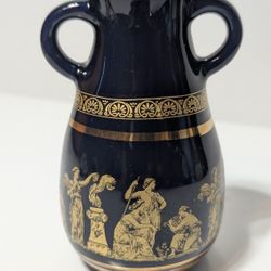 Vintage Terra Hellas Greek Ceramic Amphora Vase Cobalt Blue with 24K Gold Figures