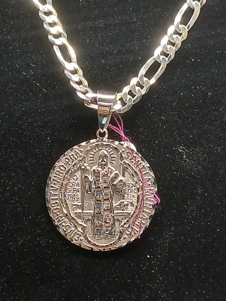 925 Silver Italy Figaro Chain With San Benito Double Sided Pendant