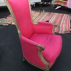 Amazing French Vintage Barbie Core Hot Pink Natural Silk Upholstered Throne Chair  