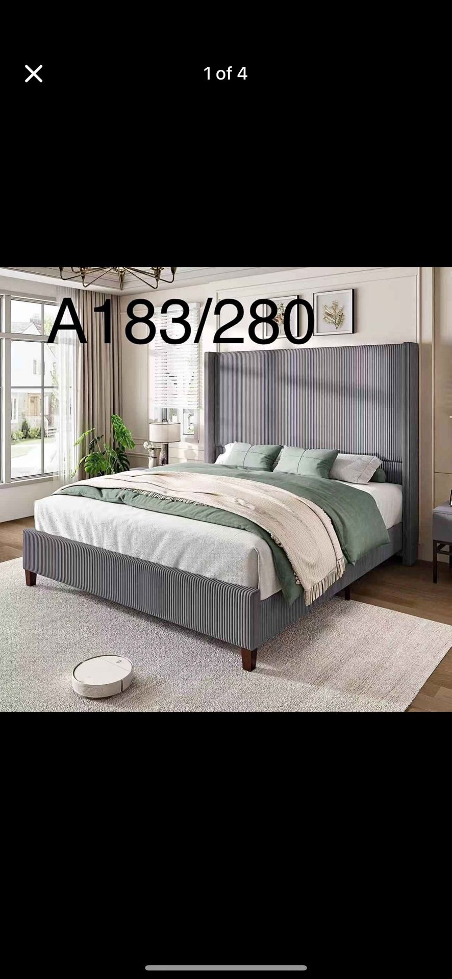 π₯ A183/ AMERLIFE King Size 62" Corduroy Upholstered Bed Frame, Luxurious Platform Bed with Extra Tall Wingback Headboard and Vertical Stripe, No Box