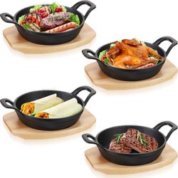 Sliner 4 Sets Mini Cast Iron Skillet Small Cast Iron Plates Skillet With Wooden Base Small Round Pan Fajita Plate Pot For Baking Cooking(3.9 Inch)