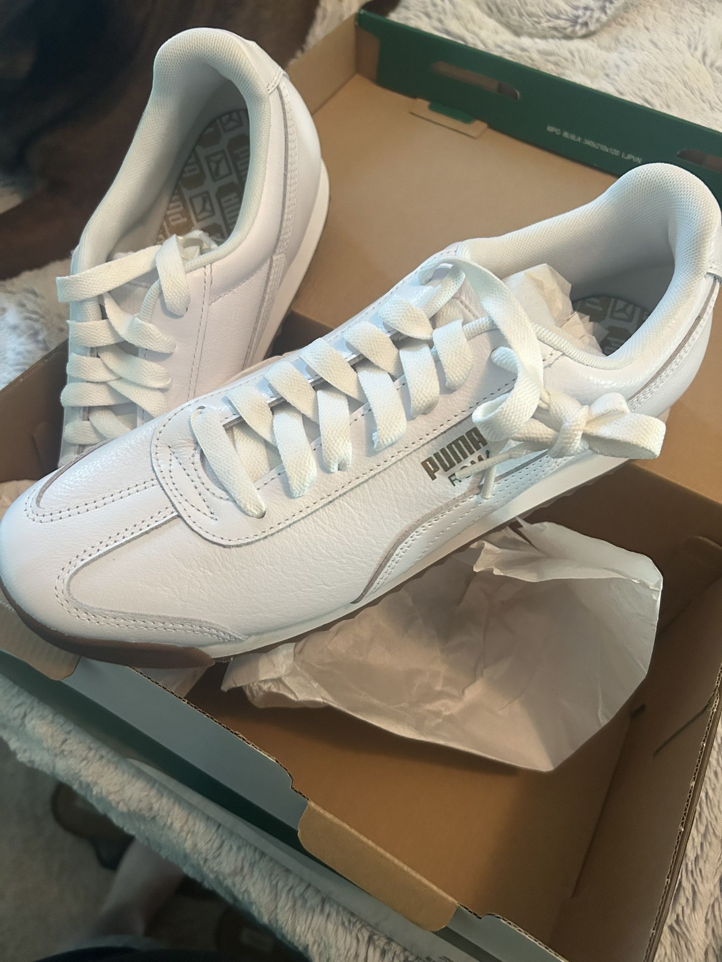 White Pumas with Gold Accent Size